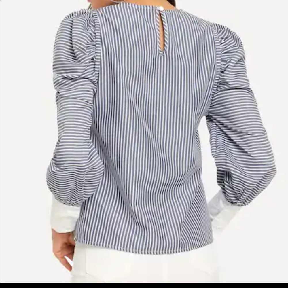Blue and White Vertical Stripe Puff Sleeve Blouse - Picture 2 of 4